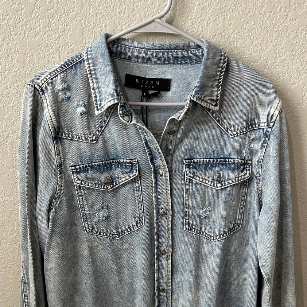 Risen Women's Light Wash Distressed Denim Shirt - Picture 4 of 11